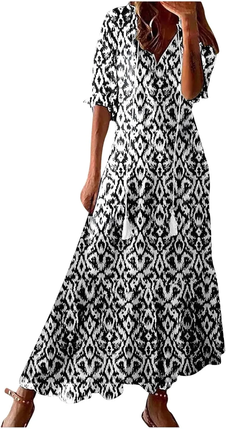 Maxi Dresses for Women 2025 V Neck Vintage Floral Dress Drawstring V Neck Spring Summer Dresses Beach Sundress