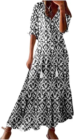 Maxi Dresses for Women 2025 V Neck Vintage Floral Dress Drawstring V Neck Spring Summer Dresses Beach Sundress