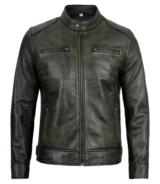 Mens Dodge Black Waxed Racer Leather Jacket