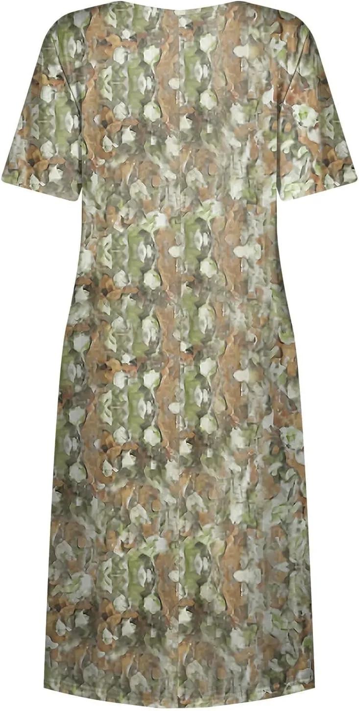 Midi Dresses for Women Short Sleeve Flowy A-Line Dress Casual Floral Print Beach Sundress with Pockets 2025