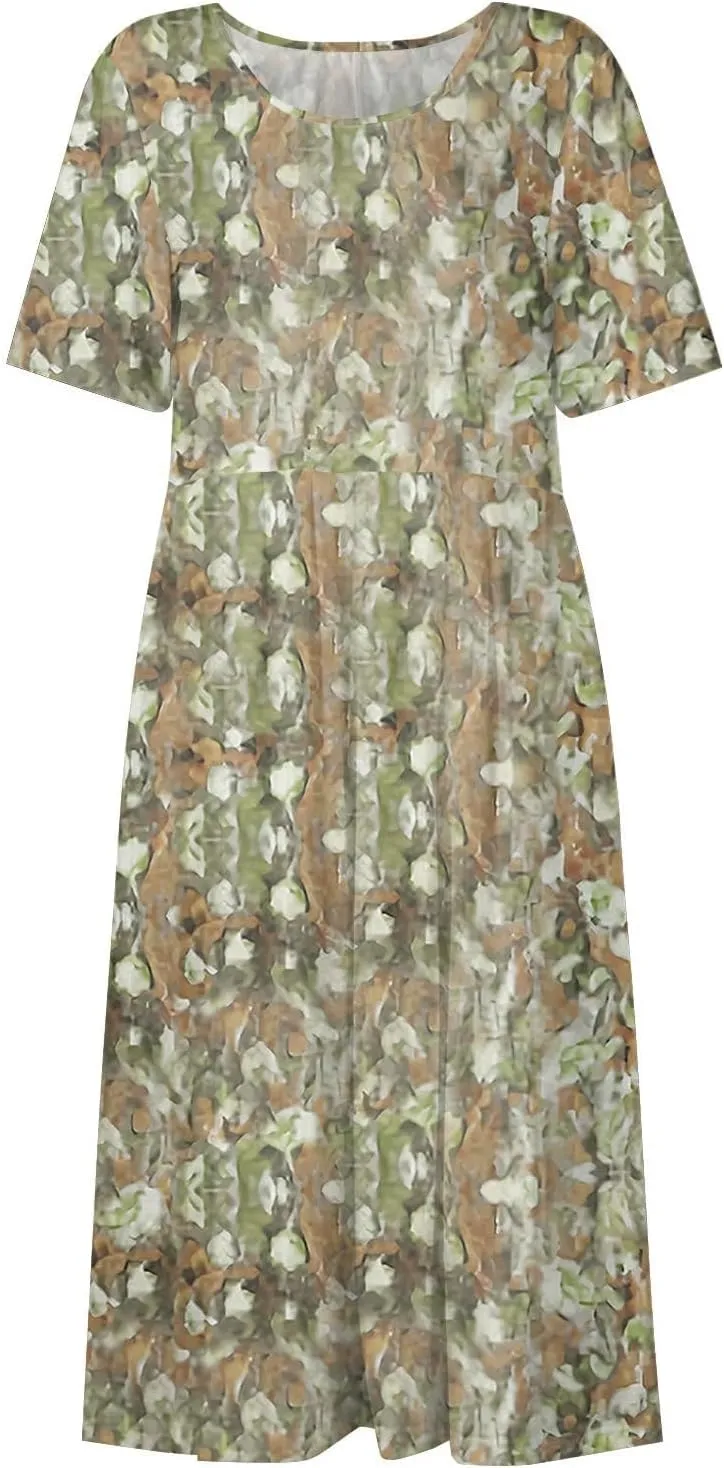 Midi Dresses for Women Short Sleeve Flowy A-Line Dress Casual Floral Print Beach Sundress with Pockets 2025