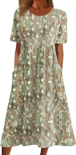 Midi Dresses for Women Short Sleeve Flowy A-Line Dress Casual Floral Print Beach Sundress with Pockets 2025