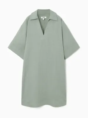 Open-collar linen shirt dress