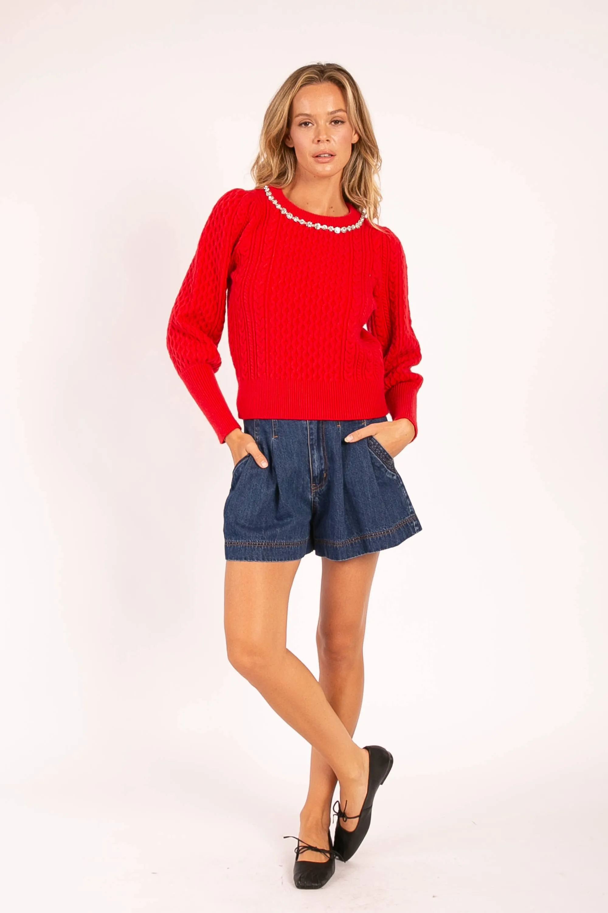 Pearl Accent Cable Knit Sweater