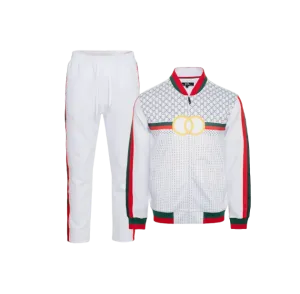 Premium GG Men's White Jogging Set Jackets and Pants Red and Green Strip
