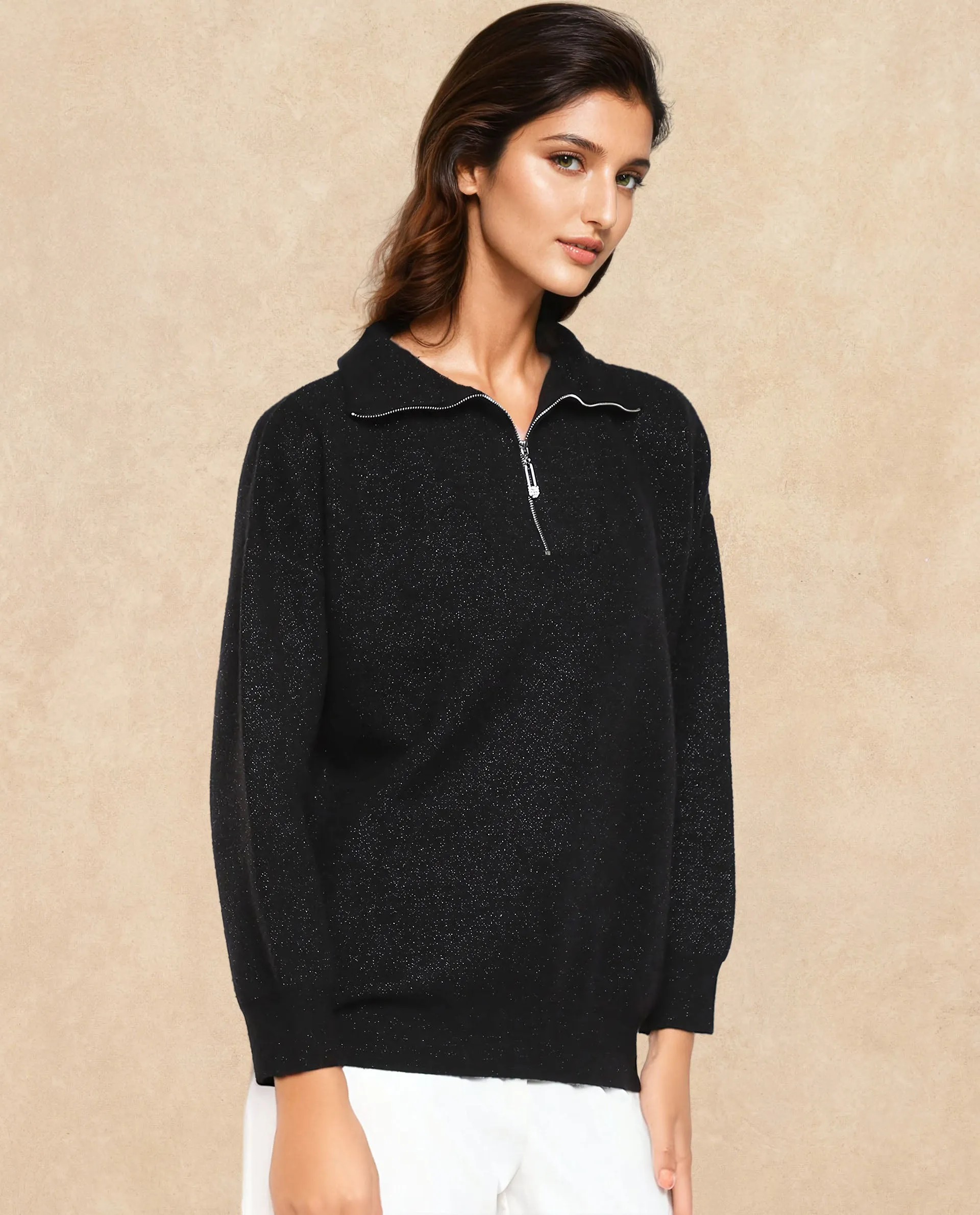 Rareism Women Ortaca Black Full sleeves Relaxed Fit Zipper Closure Plain Sweater