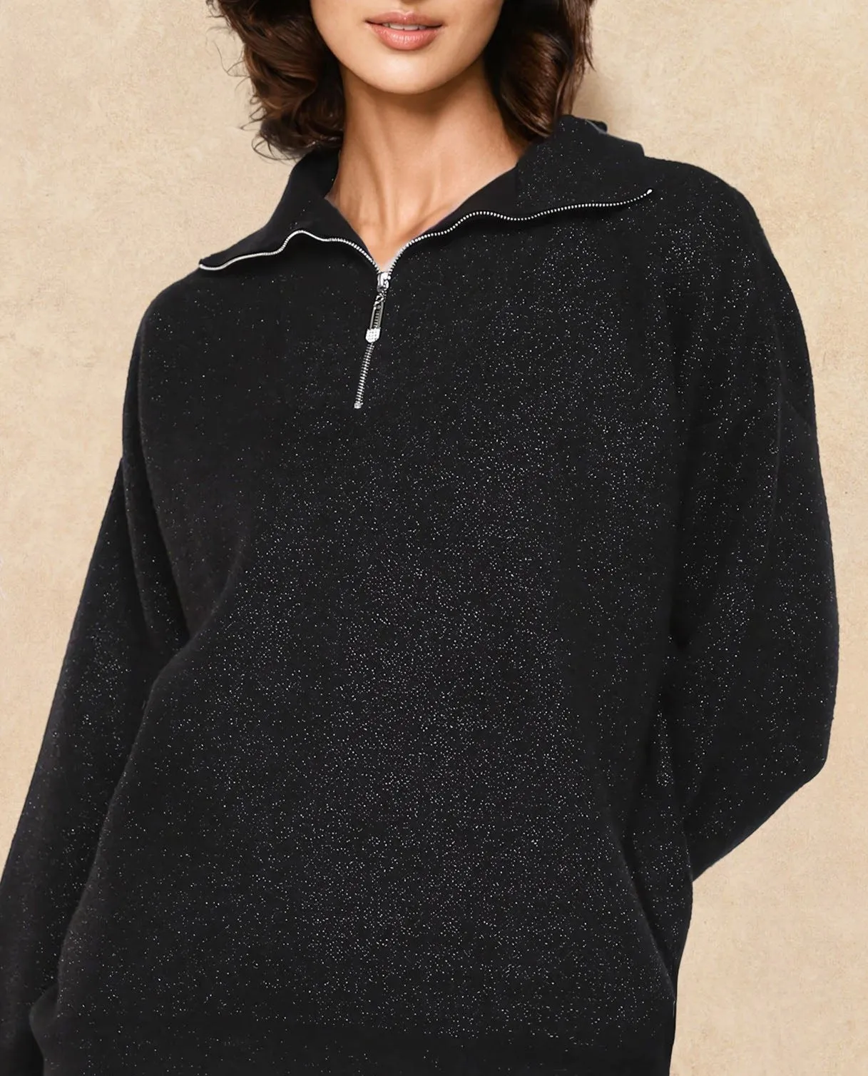 Rareism Women Ortaca Black Full sleeves Relaxed Fit Zipper Closure Plain Sweater