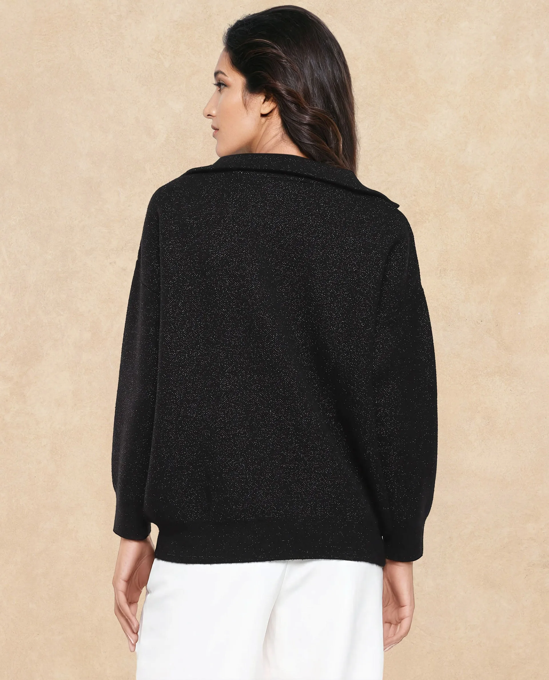 Rareism Women Ortaca Black Full sleeves Relaxed Fit Zipper Closure Plain Sweater