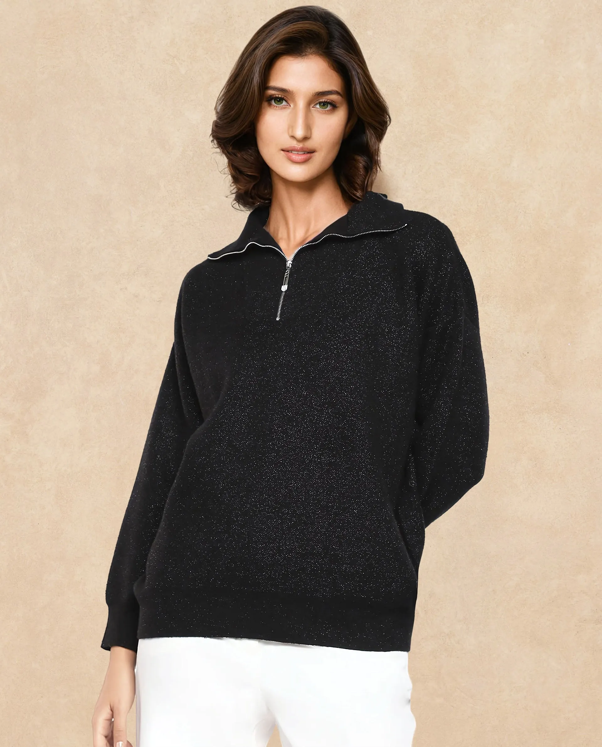 Rareism Women Ortaca Black Full sleeves Relaxed Fit Zipper Closure Plain Sweater
