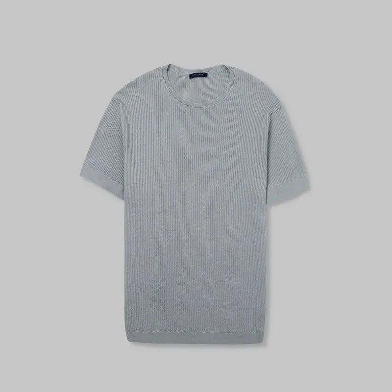 Ribbed Knit Round Neck T-shirt - STEEL