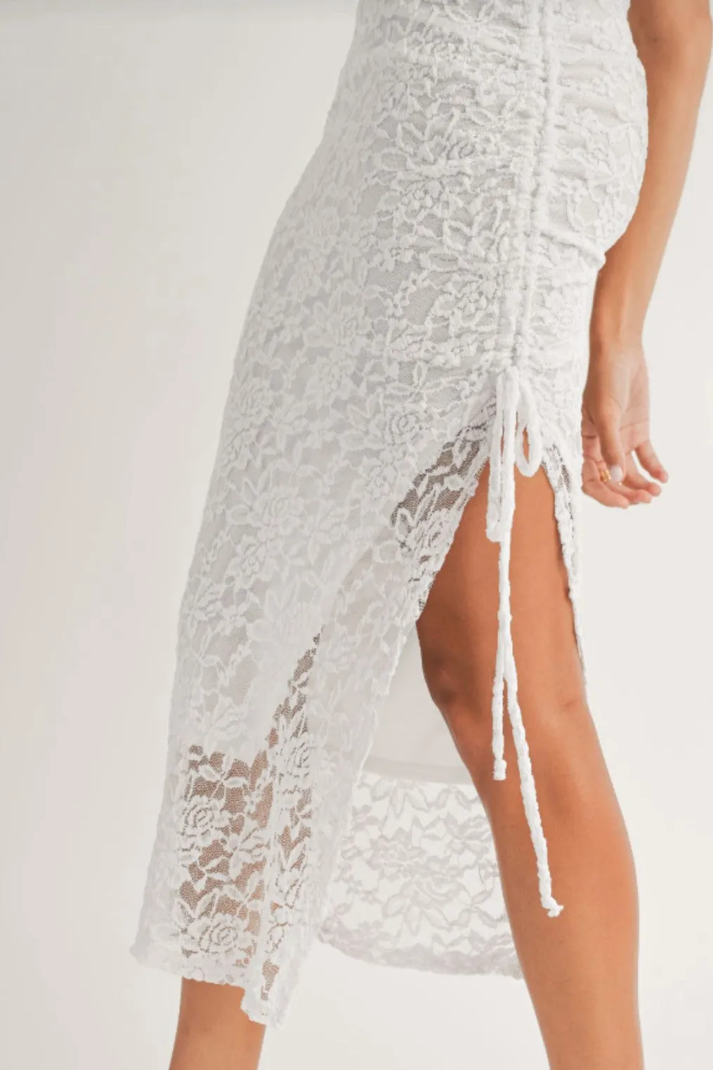 Sage the Label Fresh Air Side Ruched Tube Lace Midi Dress in White