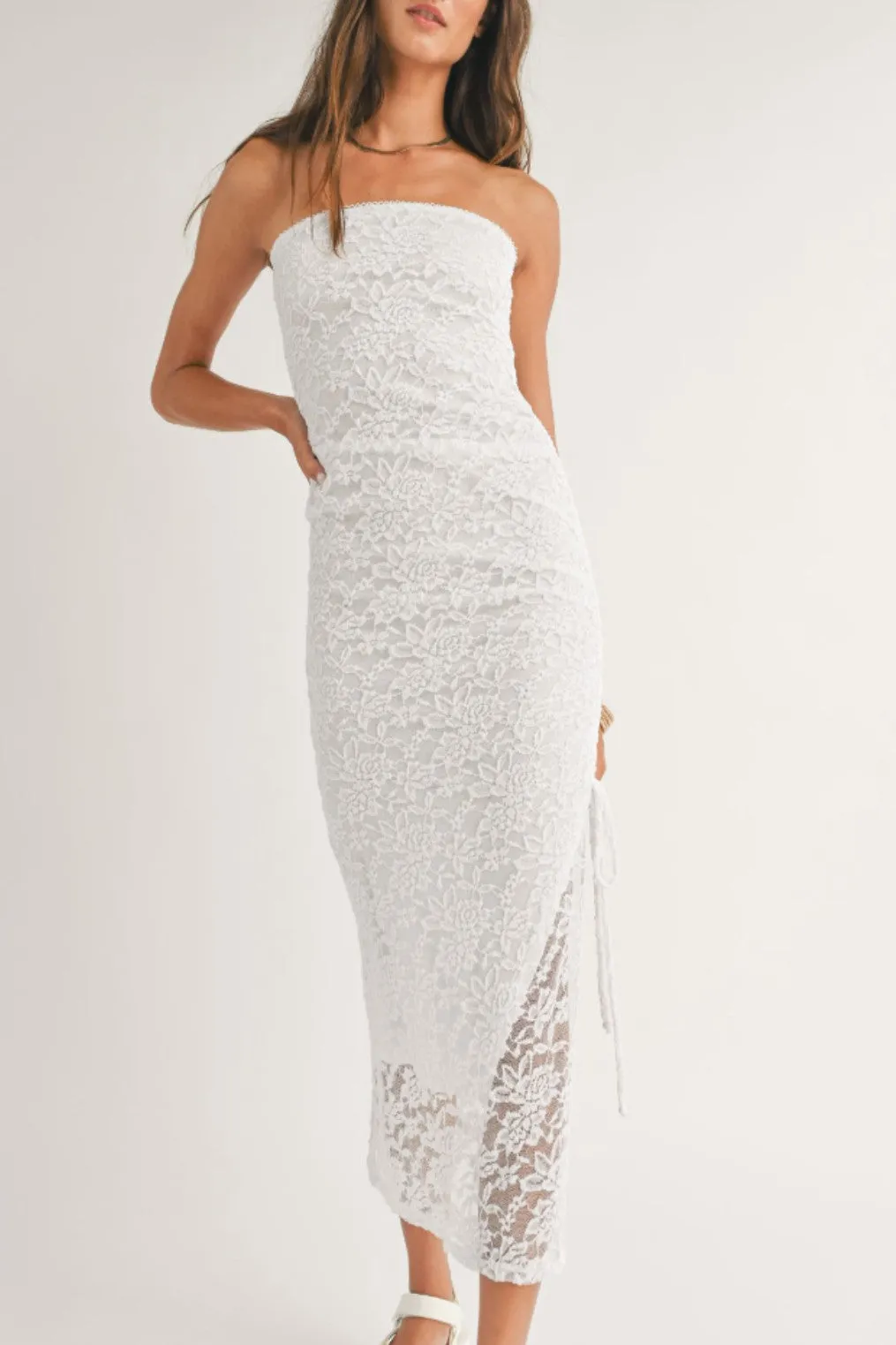 Sage the Label Fresh Air Side Ruched Tube Lace Midi Dress in White