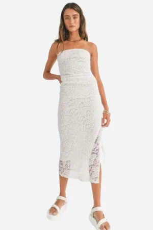 Sage the Label Fresh Air Side Ruched Tube Lace Midi Dress in White