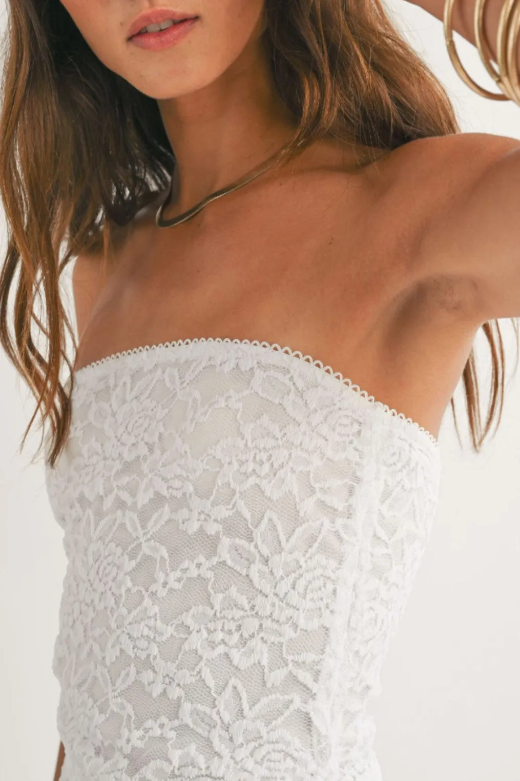 Sage the Label Fresh Air Side Ruched Tube Lace Midi Dress in White