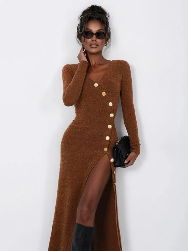 Side Slit Long Sleeve Buttons Knitwear Midi Dress