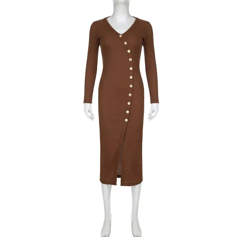 Side Slit Long Sleeve Buttons Knitwear Midi Dress