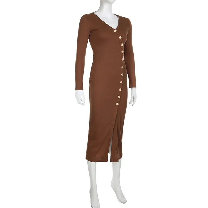 Side Slit Long Sleeve Buttons Knitwear Midi Dress