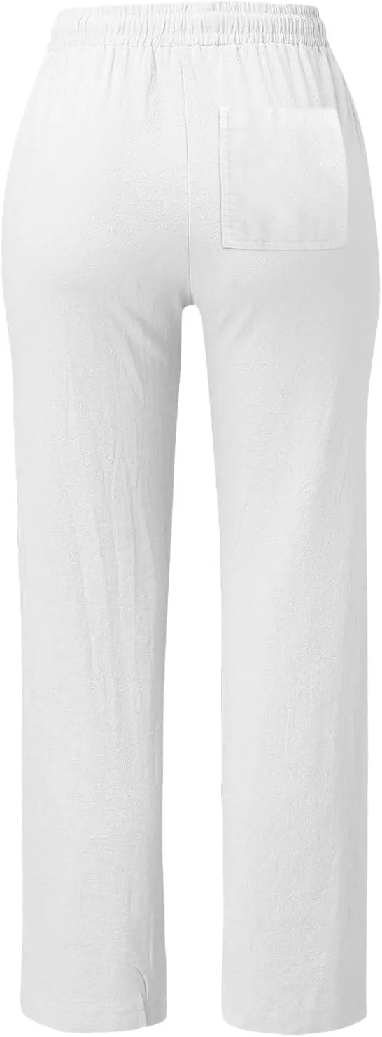 Straight Leg Cotton Linen Pants for Women Summer Casual Pants Boho Beach Pants High Waisted Lounge Pants with Pockets