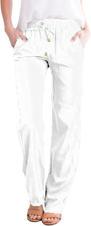 Straight Leg Cotton Linen Pants for Women Summer Casual Pants Boho Beach Pants High Waisted Lounge Pants with Pockets