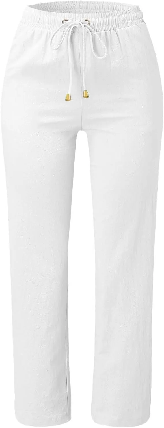Straight Leg Cotton Linen Pants for Women Summer Casual Pants Boho Beach Pants High Waisted Lounge Pants with Pockets