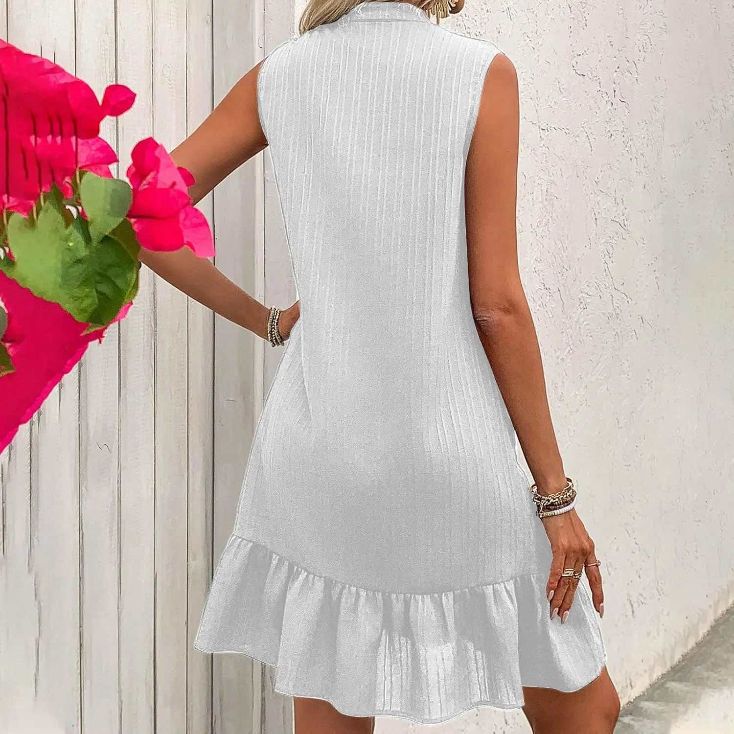 Summer Dress for Women 2025 Trendy A-Line Flowy Ruffle Mini Sundress Casual Loose Fit Sleeveless V Neck Beach Dresses