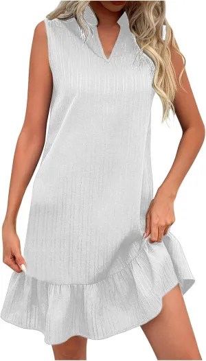 Summer Dress for Women 2025 Trendy A-Line Flowy Ruffle Mini Sundress Casual Loose Fit Sleeveless V Neck Beach Dresses