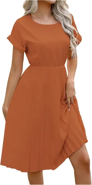 Summer Dresses for Women Dressy Elegant Short Sleeve Pleated Flowy Midi Dress Flowy Beach Party Long Sundress