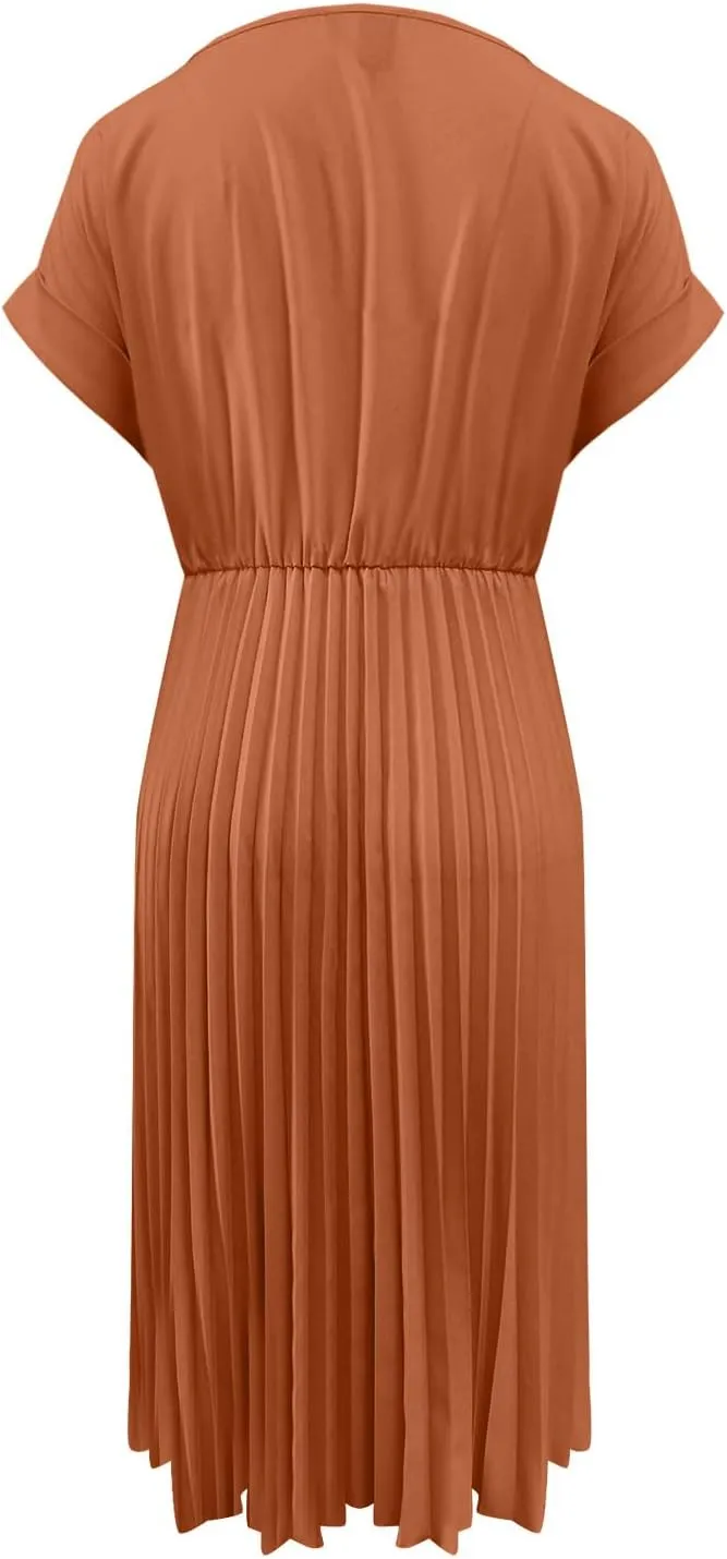 Summer Dresses for Women Dressy Elegant Short Sleeve Pleated Flowy Midi Dress Flowy Beach Party Long Sundress