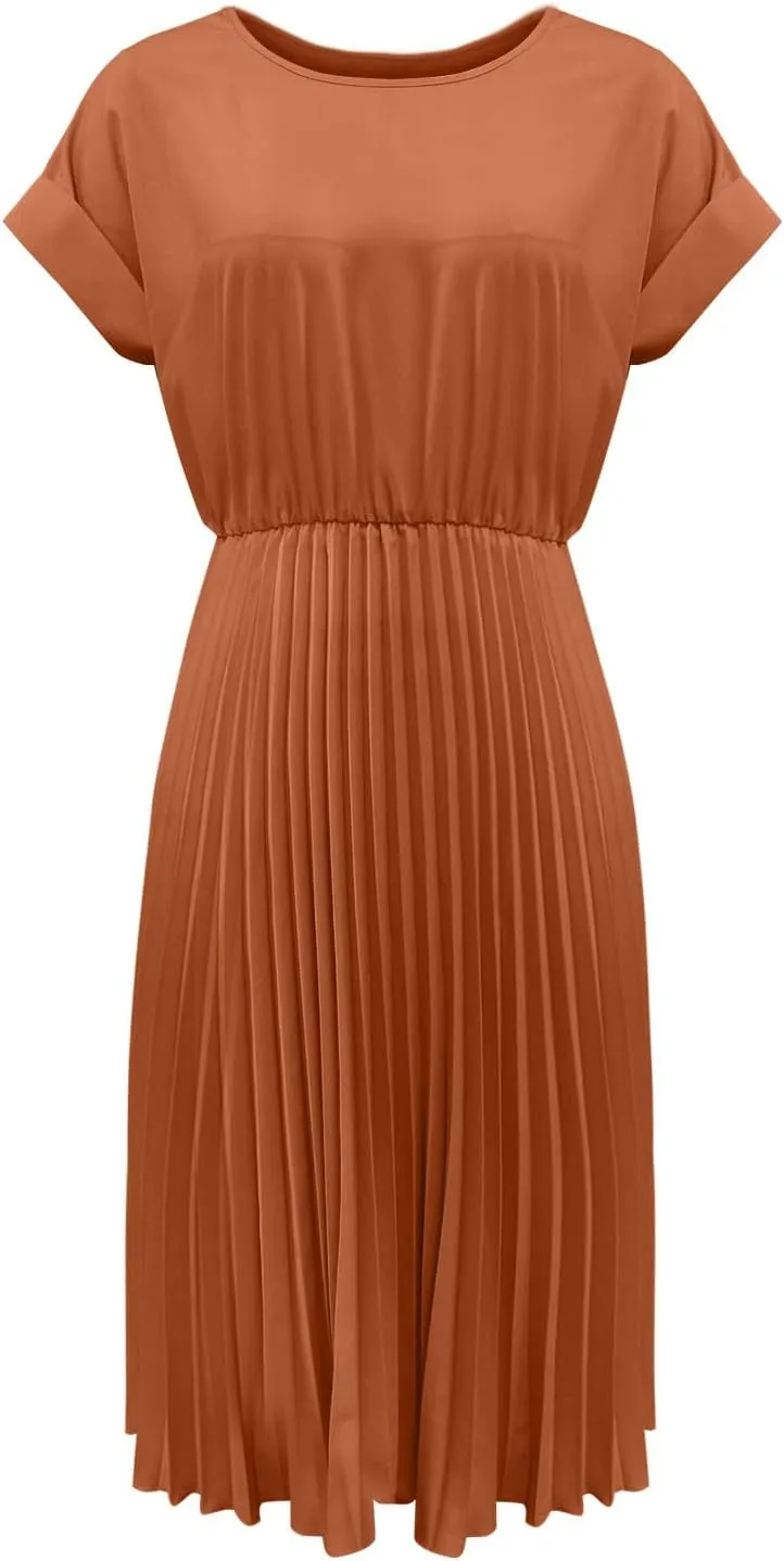 Summer Dresses for Women Dressy Elegant Short Sleeve Pleated Flowy Midi Dress Flowy Beach Party Long Sundress
