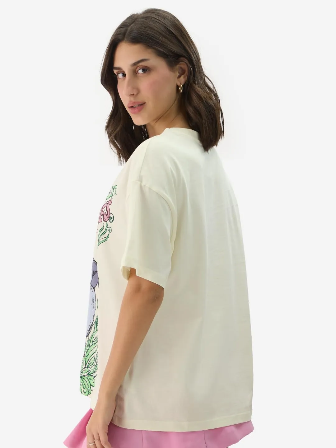The Souled Store Official Disney: Bare Necessities Women and Girls Short Sleeve Round Neck White Graphic Print Cotton Oversized Fit T-Shirts Disney Old Retro Cartoon 90s Animated Character Themed