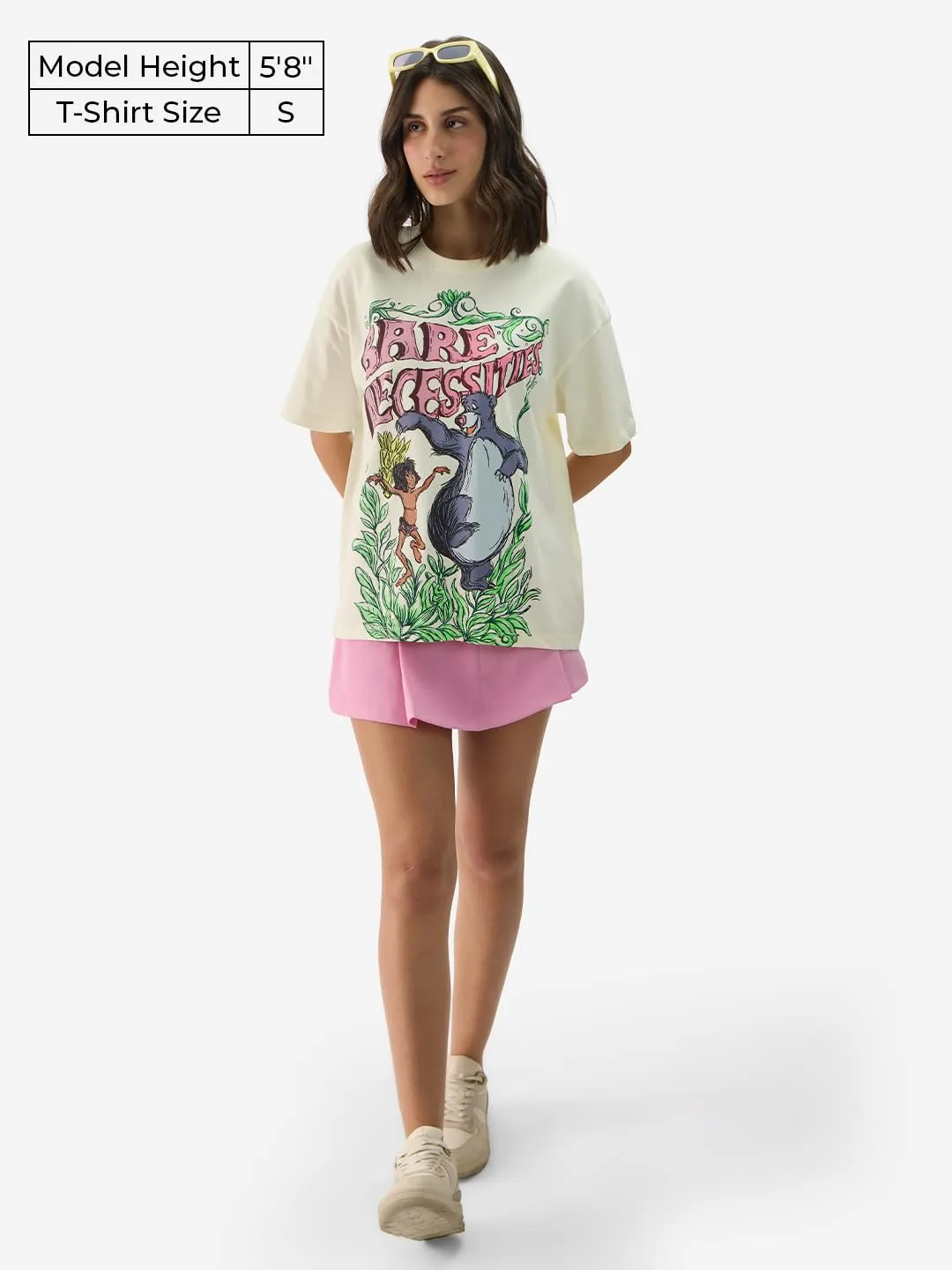 The Souled Store Official Disney: Bare Necessities Women and Girls Short Sleeve Round Neck White Graphic Print Cotton Oversized Fit T-Shirts Disney Old Retro Cartoon 90s Animated Character Themed