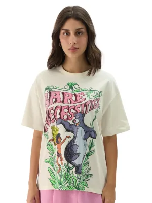The Souled Store Official Disney: Bare Necessities Women and Girls Short Sleeve Round Neck White Graphic Print Cotton Oversized Fit T-Shirts Disney Old Retro Cartoon 90s Animated Character Themed