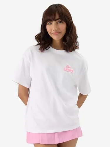 The Souled Store Official Lilo & Stitch: Ohana Women and Girls Short Sleeve Round Neck White Graphic Printed Cotton Oversized