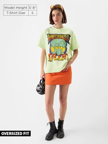 The Souled Store Official Spongebob: Unrecognised Talent Women and Girls Oversize Fit Half Sleeves Graphic Printed Cotton Green Color T-Shirt