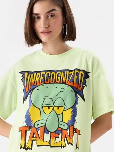 The Souled Store Official Spongebob: Unrecognised Talent Women and Girls Oversize Fit Half Sleeves Graphic Printed Cotton Green Color T-Shirt