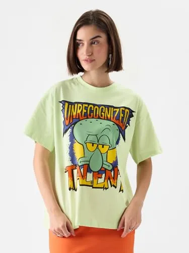 The Souled Store Official Spongebob: Unrecognised Talent Women and Girls Oversize Fit Half Sleeves Graphic Printed Cotton Green Color T-Shirt