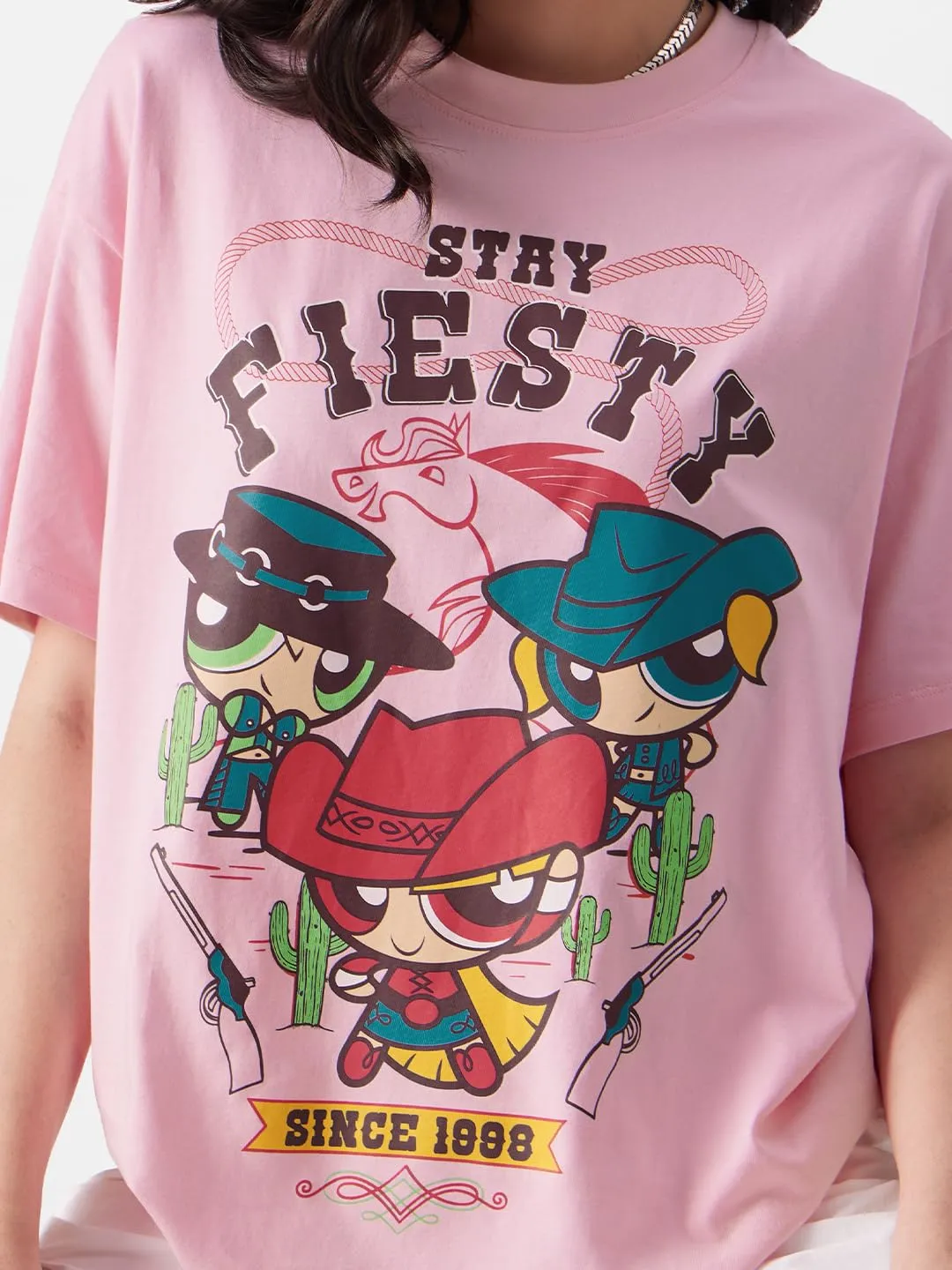 The Souled Store Powerpuff Girls: Stay Fiesty Womens Oversized Fit Graphic Printed Half Sleeve Cotton Pink Women Oversized T-Shirts Oversized T Shirts for Women T-Shirt Girls Cotton Casual Half