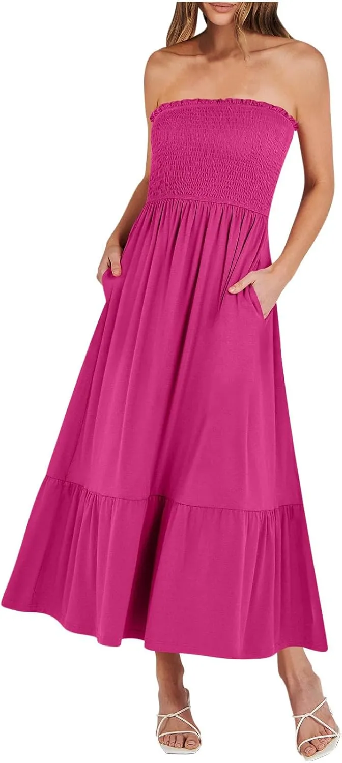 Tube Top Dress for Women Summer Solid Strapless Smocked Off Shoulder Boho Beach Dress Flowy Ruffle Long Maxi Dresses