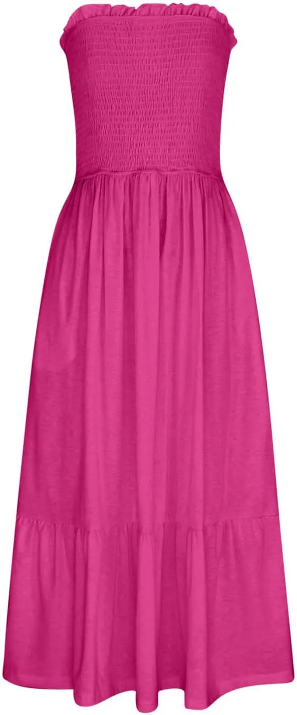 Tube Top Dress for Women Summer Solid Strapless Smocked Off Shoulder Boho Beach Dress Flowy Ruffle Long Maxi Dresses