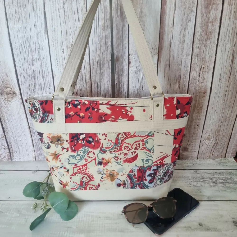 Upcycled tote - Abstract cream & red
