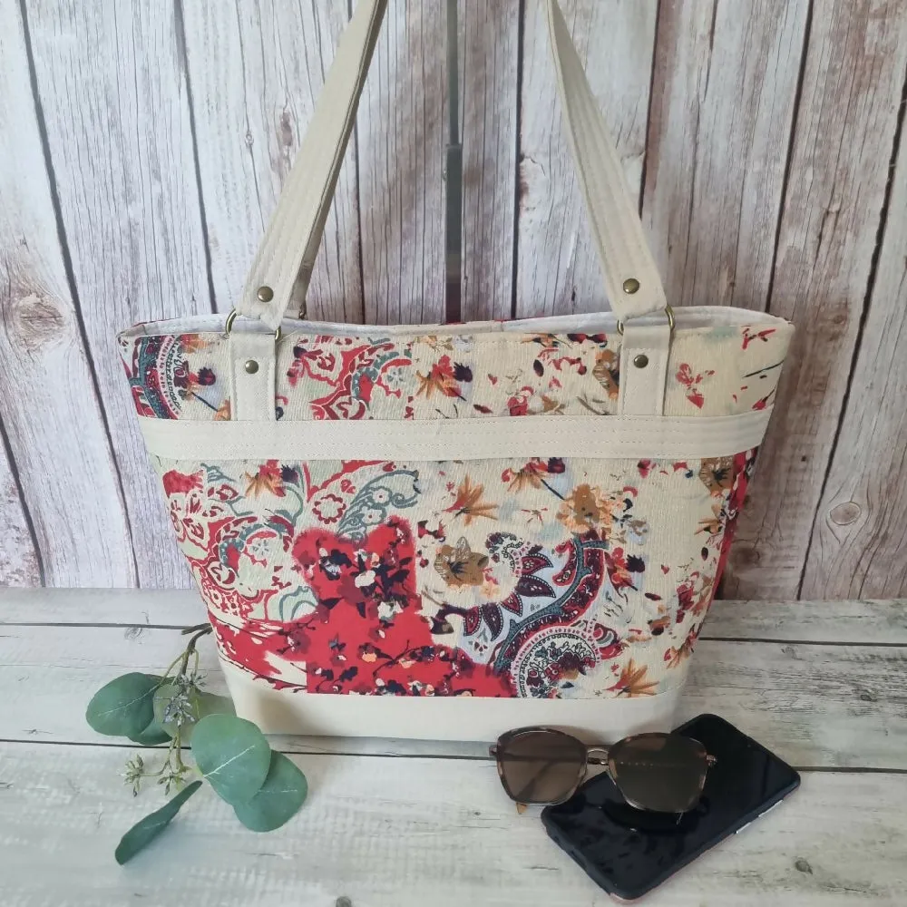 Upcycled tote - Abstract cream & red