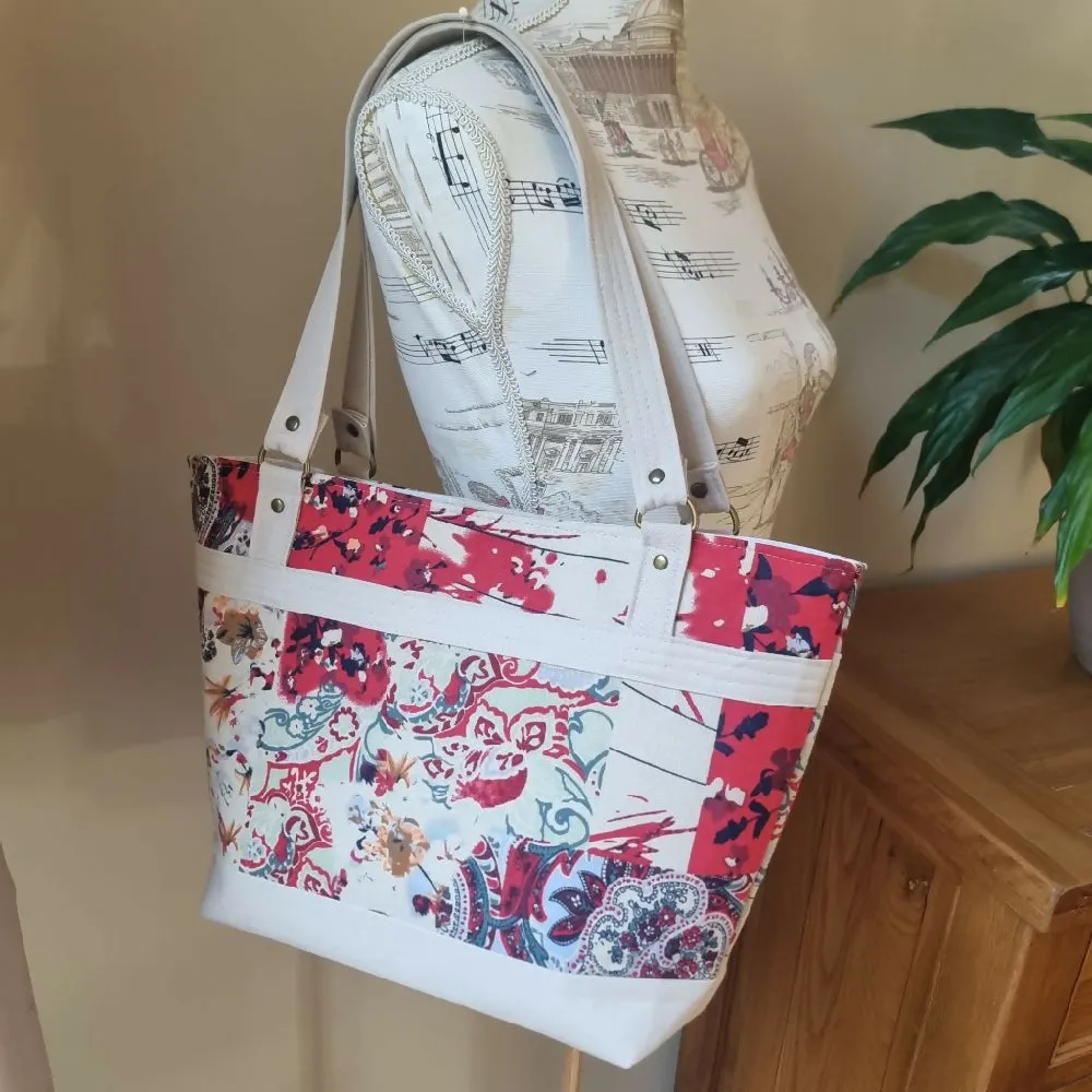 Upcycled tote - Abstract cream & red