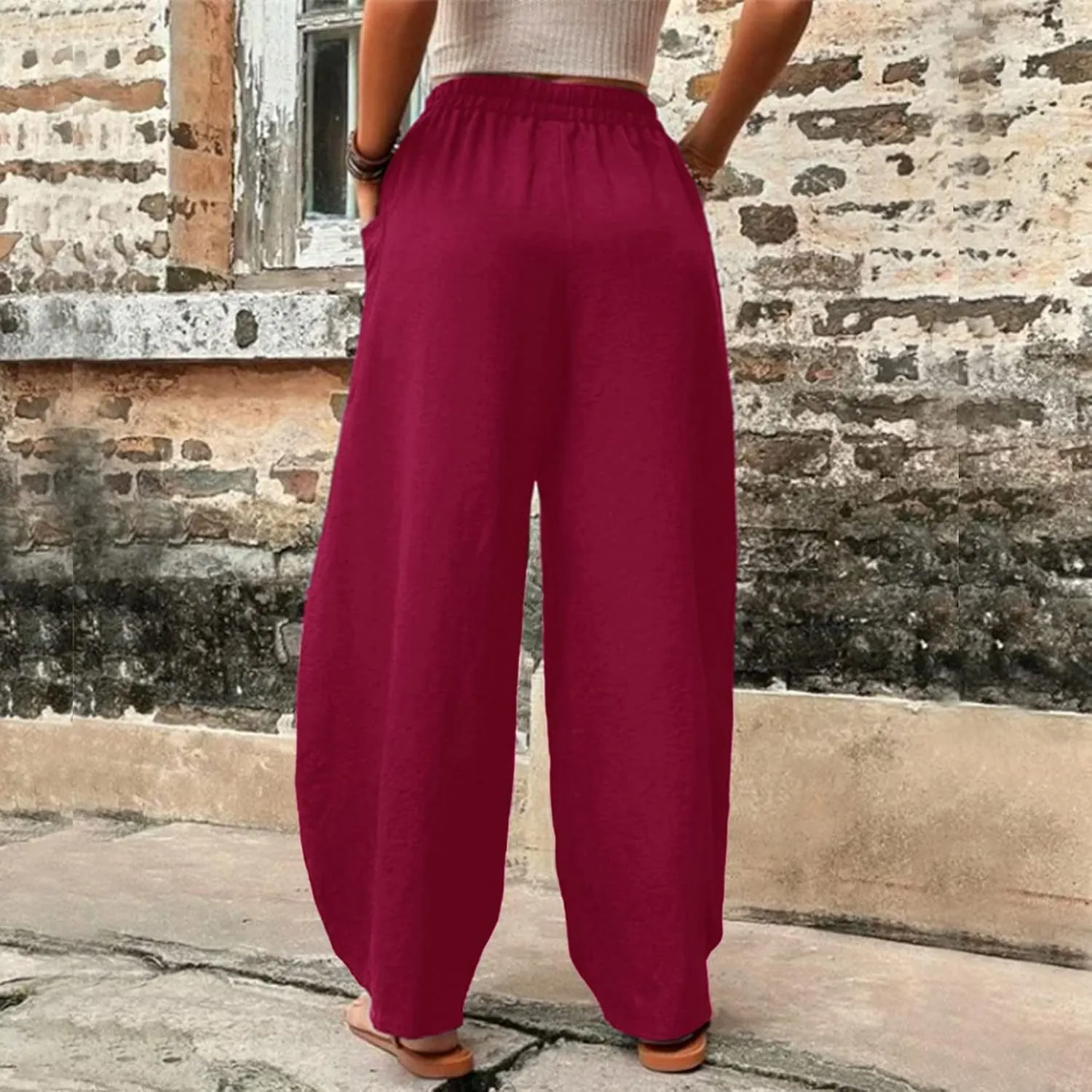 Wide Leg Pants Woman Casual Loose Fit Summer Flowy Solid Color High Waisted Linen Wide Leg Pants Work Lounge Pockets Trousers