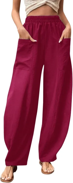 Wide Leg Pants Woman Casual Loose Fit Summer Flowy Solid Color High Waisted Linen Wide Leg Pants Work Lounge Pockets Trousers