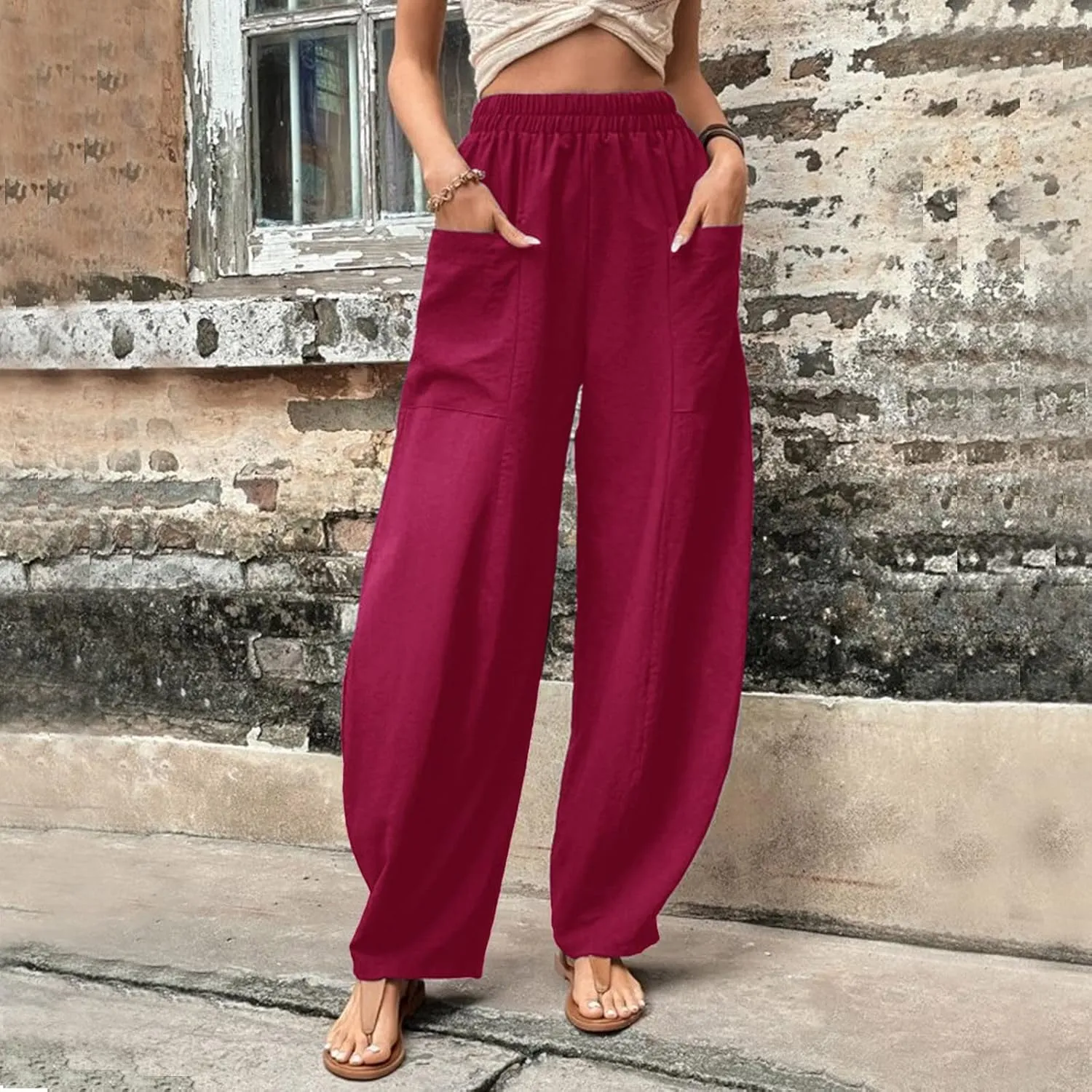 Wide Leg Pants Woman Casual Loose Fit Summer Flowy Solid Color High Waisted Linen Wide Leg Pants Work Lounge Pockets Trousers
