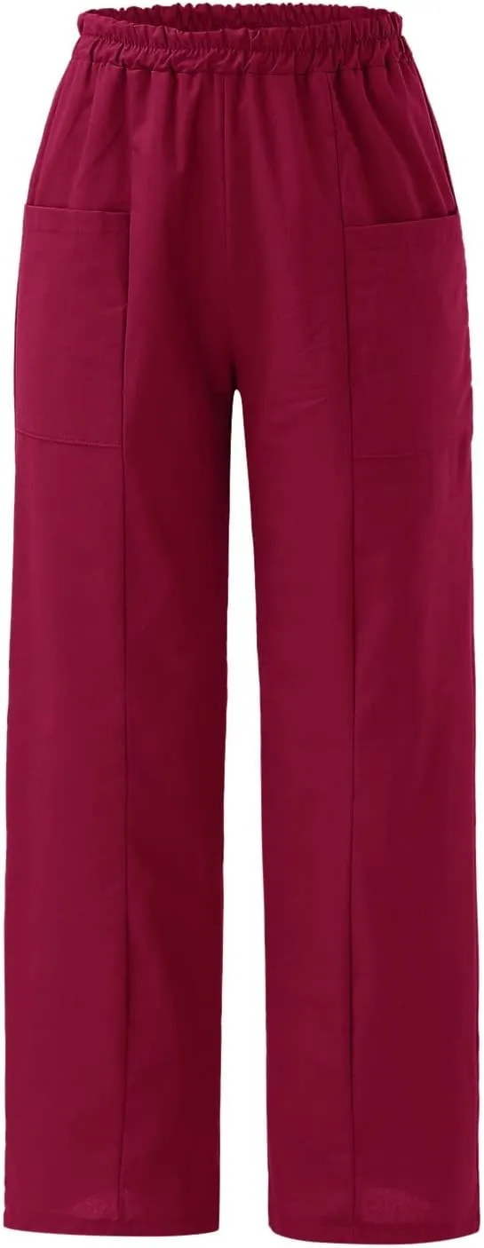 Wide Leg Pants Woman Casual Loose Fit Summer Flowy Solid Color High Waisted Linen Wide Leg Pants Work Lounge Pockets Trousers