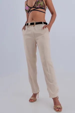 Wide Leg Satin Pants In Beige
