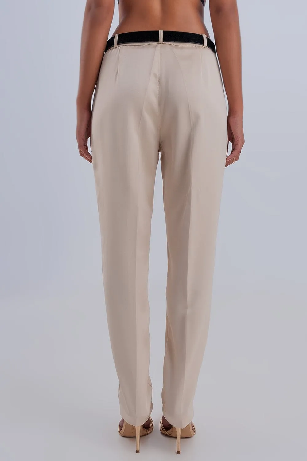 Wide Leg Satin Pants In Beige