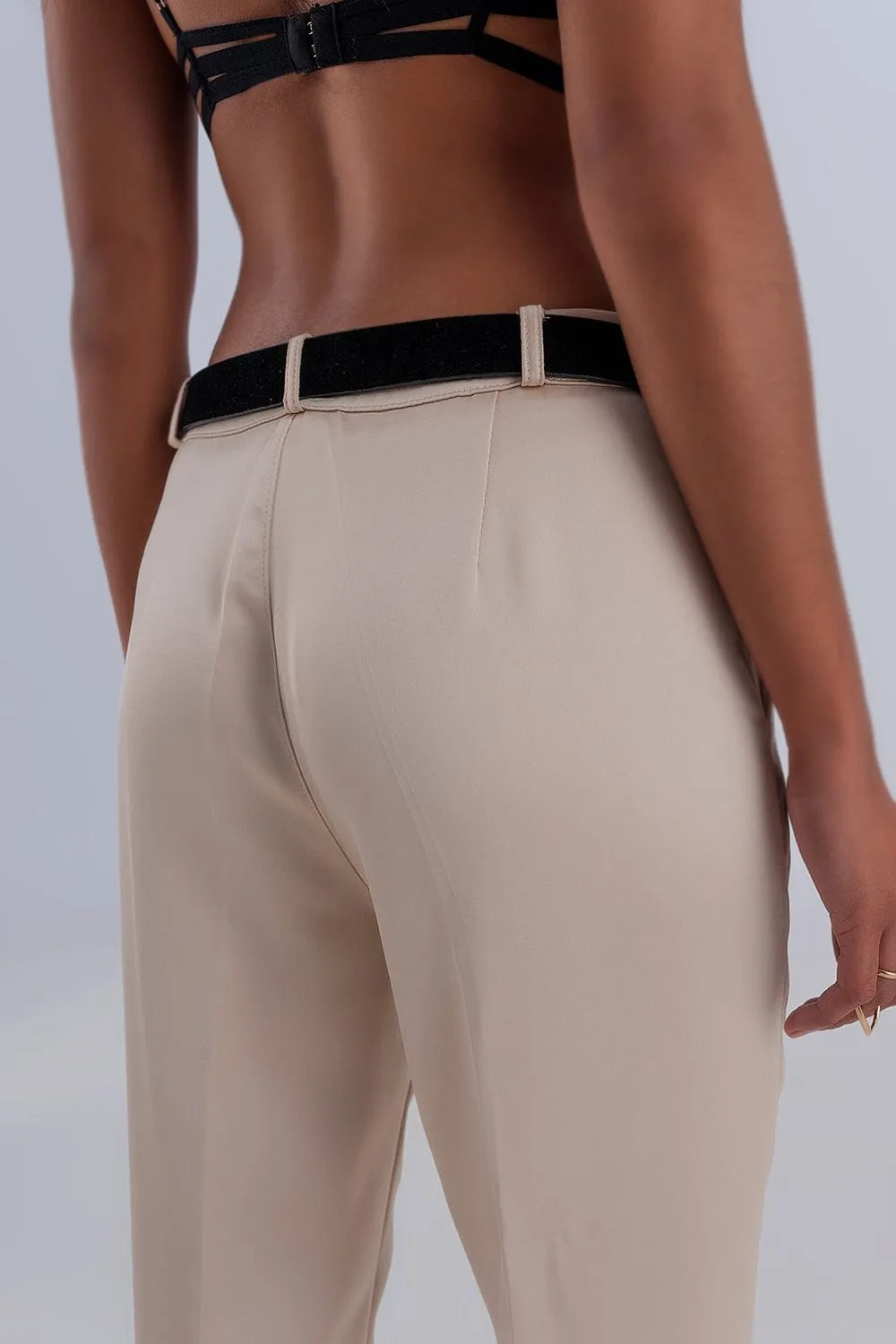 Wide Leg Satin Pants In Beige