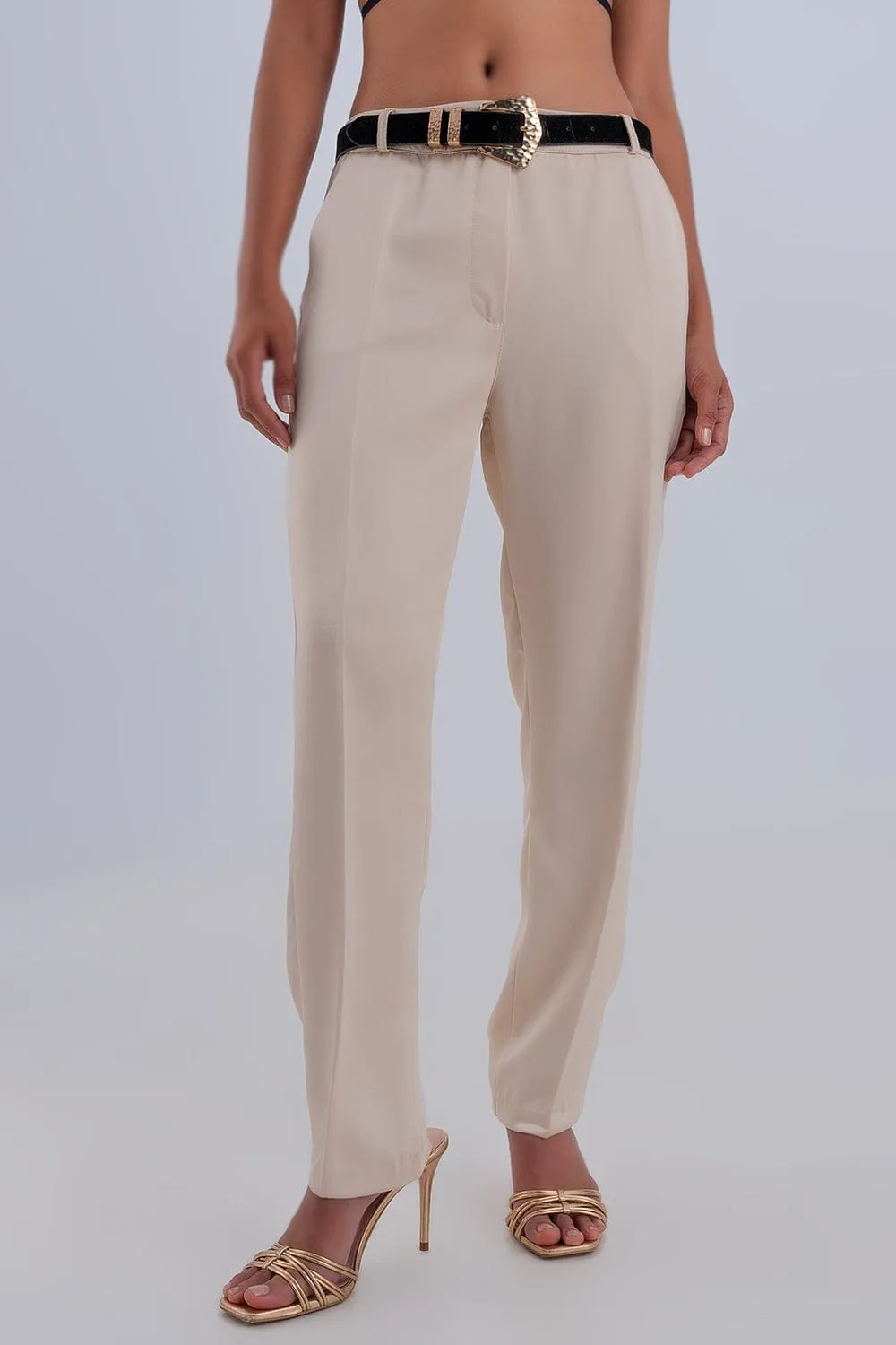 Wide Leg Satin Pants In Beige